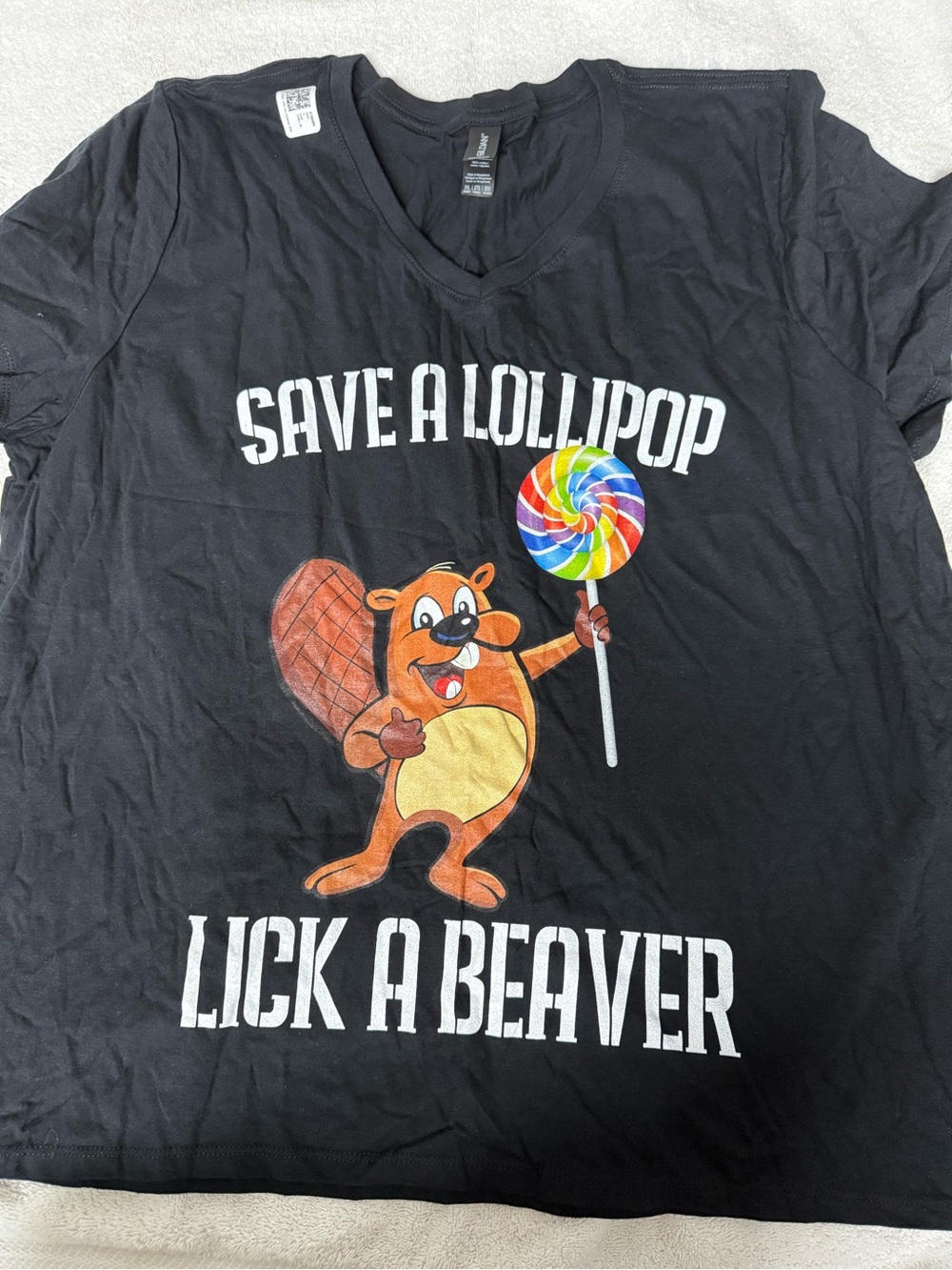Gildan Black Short Sleeve V-neck Tee with Colorful Lollipop Beaver Graphic
